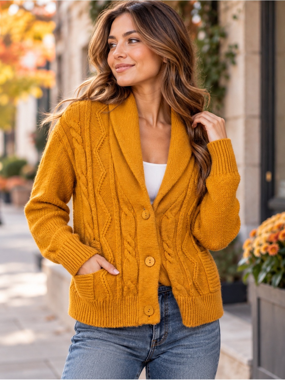 Pilcro Urban Outfitters Mustard Cable Knit Shawl Collar Cardigan Sweater XS